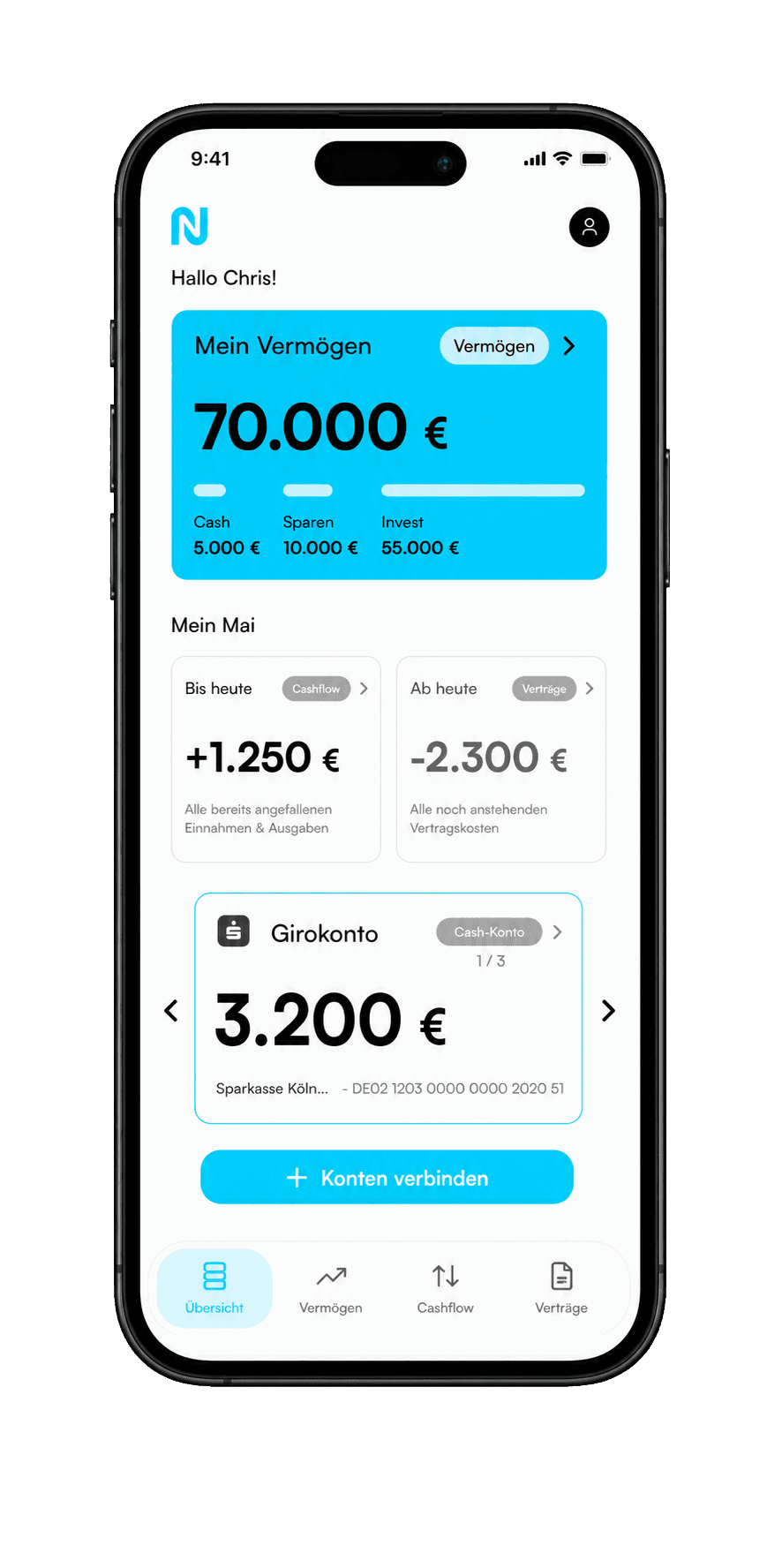 nobank-App auf dem iPhone: Übersicht mit Vermögen, Cashflow, Girokonto und Konten verbinden
