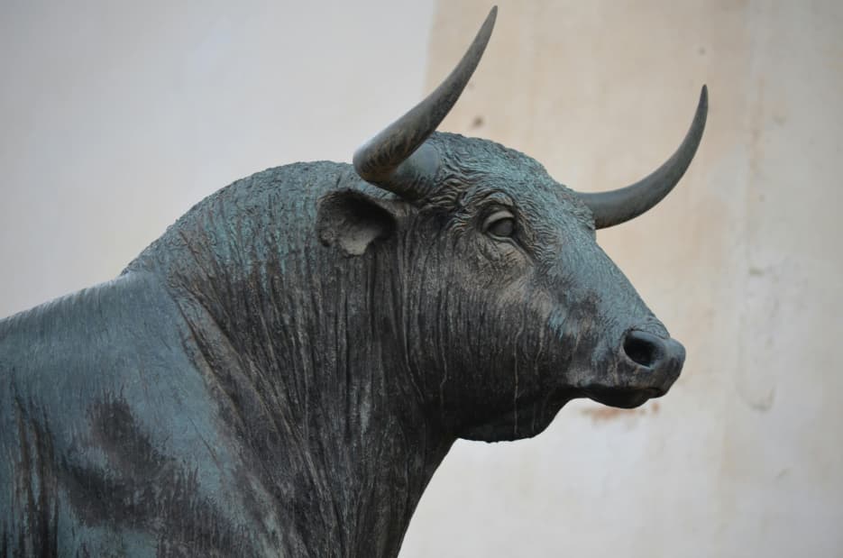Nahaufnahme einer bronzenen Bullenstatue vor der Börse.