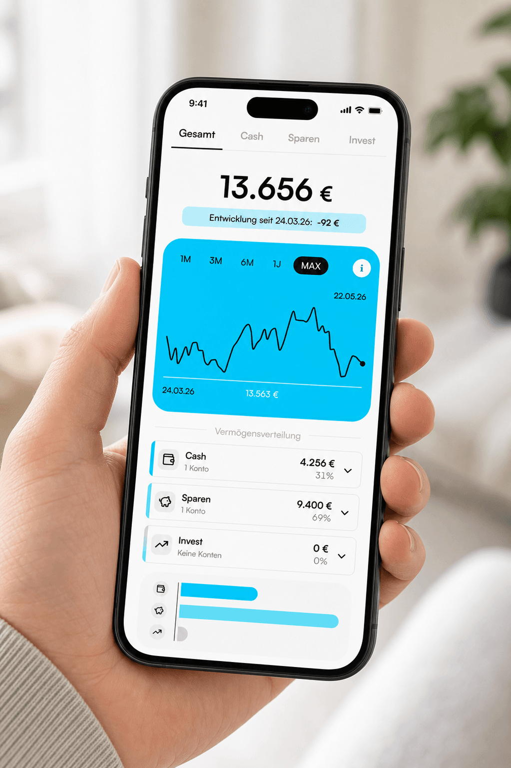 nobank-App auf dem iPhone: Vermögensaufteilung mit 13.656 € Gesamtwert und Wachstumskurve